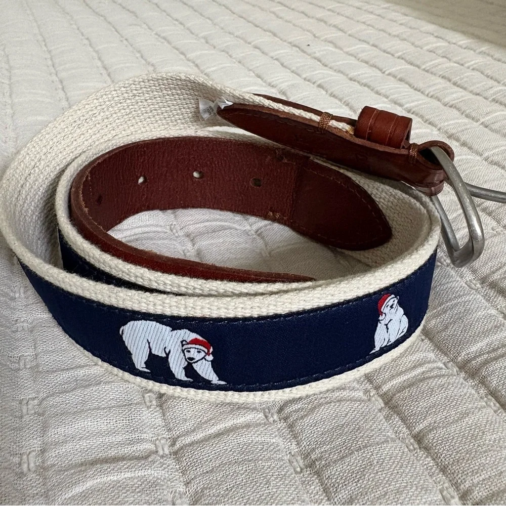 J. Crew Santa Polar Bear‎ Christmas Holiday Print Belt Canvas Leather Men’s 32